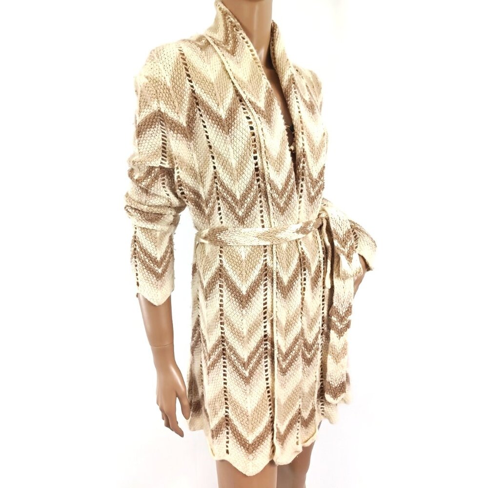 LUCKY BRAND Sweater Long Belted Cardigan Chevron Wool Blend Knit M